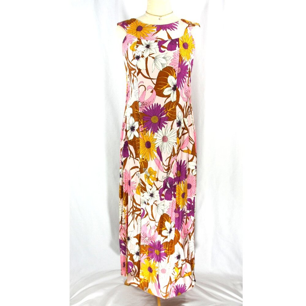 Vintage Koawaiian Floral Daisies Lilys Sleeveless Maxi Dress Sundress M 1970s